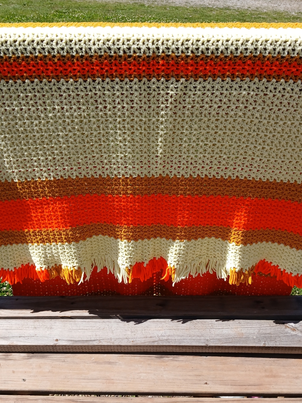 Hand Crafted Crochet Fringe Throw Blanket - Cream, Orange, Brown